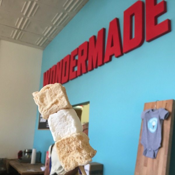 three square shaped marshmallows on a stick in Wondermade cafe in Sanford, FL