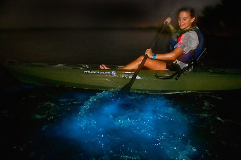 Woman bioluminescent kayaking