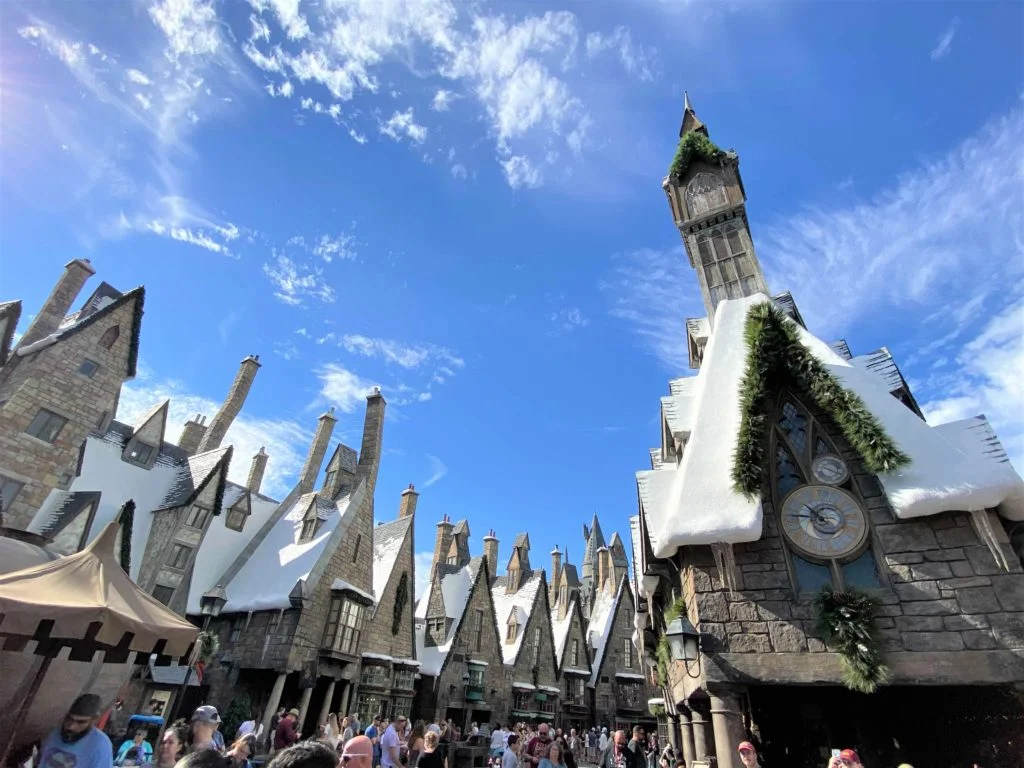 Garlands adorns the snow covered rooftops of Christmas at Wizarding World of Harry Potter - Hogsmeade Village 