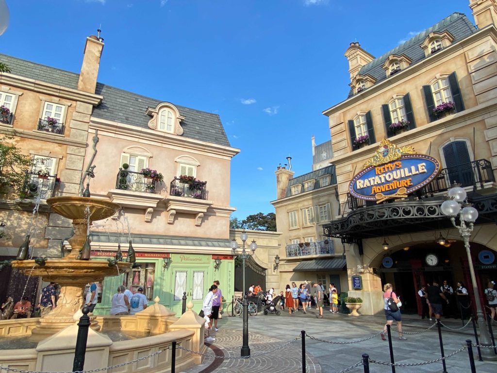 A centerpiece fountain welcomes guests near the entrance of Remy's Ratatouille Adventure