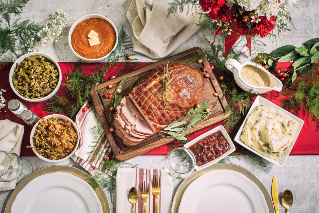 christmas dinner table with food