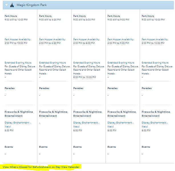 A screenshot of WaltDisneyWorld.com's Calendar with a highlight to show where to click for Closed For Refurbishment information