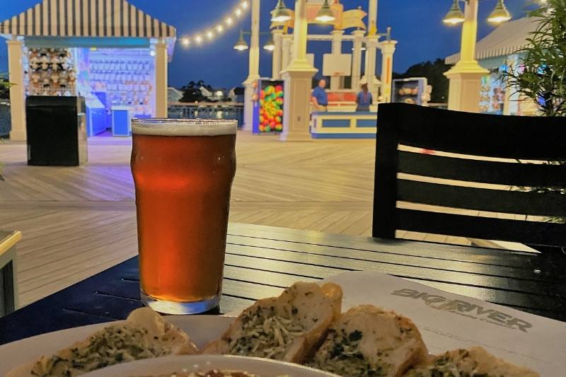 an appetizer and beer at Big River brewing works at disney's boardwalk