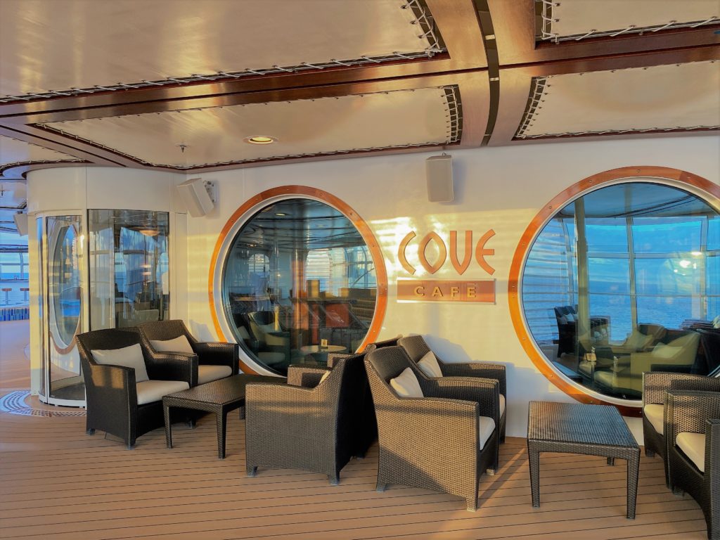 Lounge seating at outdoor area of Cove Cafe adults only coffee and lounge on Disney Dream cruise ship
