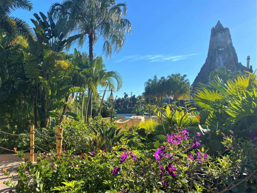 Universal's Volcano Bay Lush Landscaping includes green palm trees and purple flowering bushes