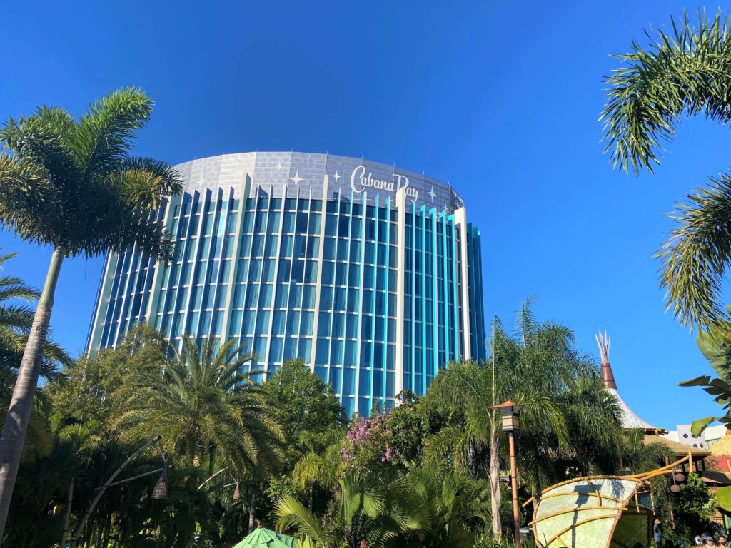 Cabana Bay Resort towers over the palm trees of Universal's Volcano Bay
