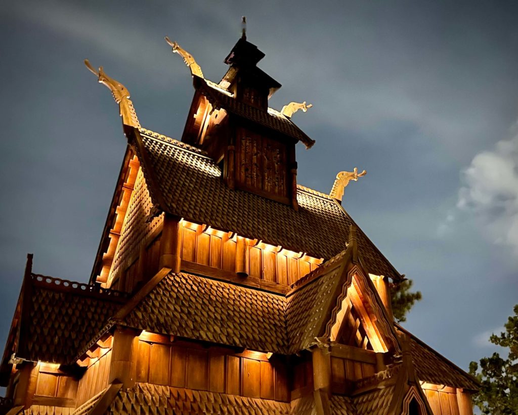 Epcot Norway Pavilion Stave Church at night