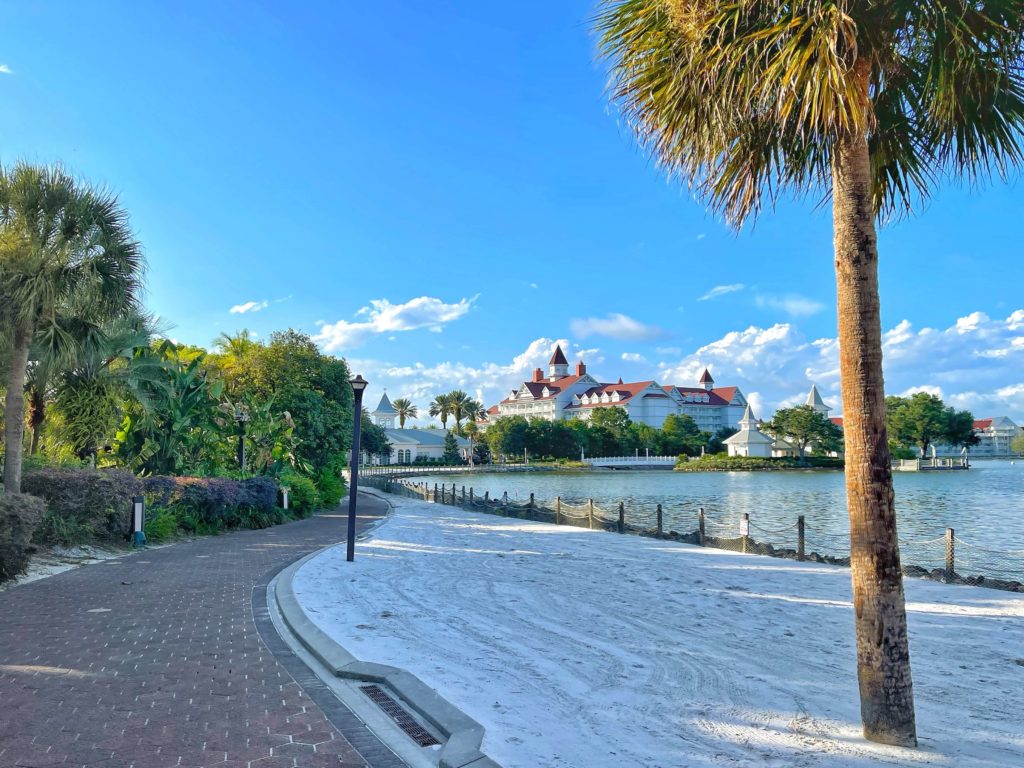 Pathway to Magic Kingdom from Disney's Polynesian to Grand Floridian with sandy beach and palm trees
