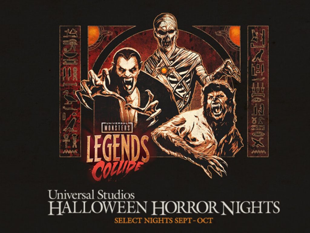 Halloween Horror Nights 2022-Universal Monsters graphic with dracula wolfman and the mummy