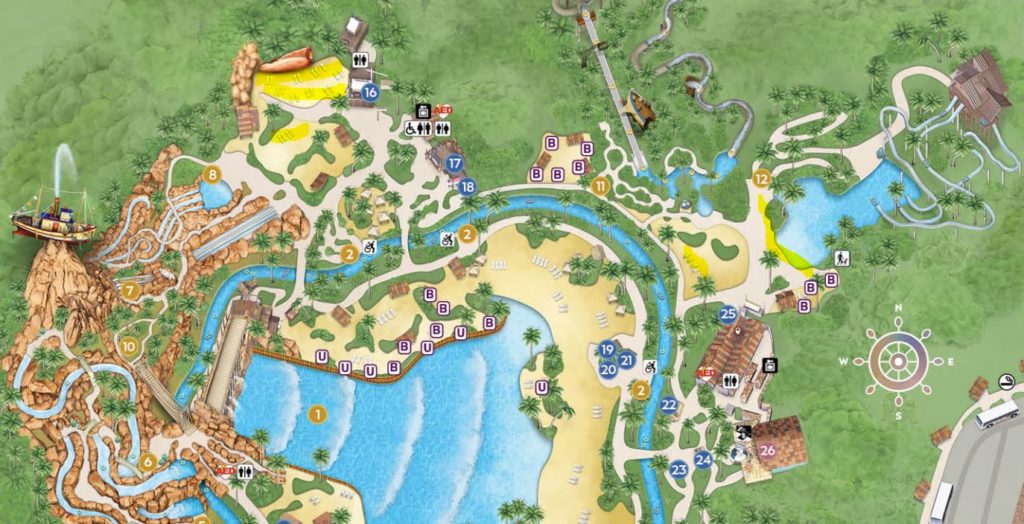 Screenshot of Typhoon Lagoon map from disneyworld.com with Less crowded seating areas highlighted