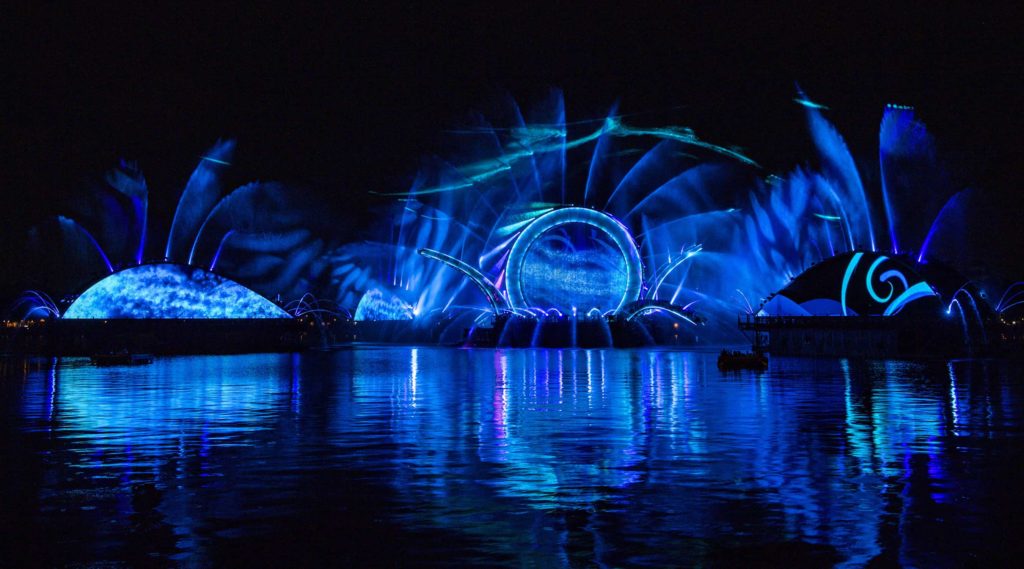 Harmonious Epcot Fireworks with blue fountains and projection effects