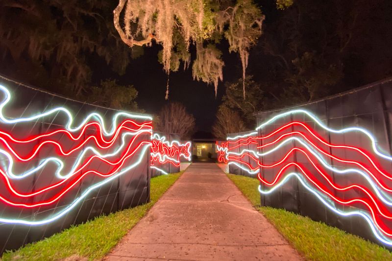 red and white light display at Dazzling Nights at Leu Gardens 2022