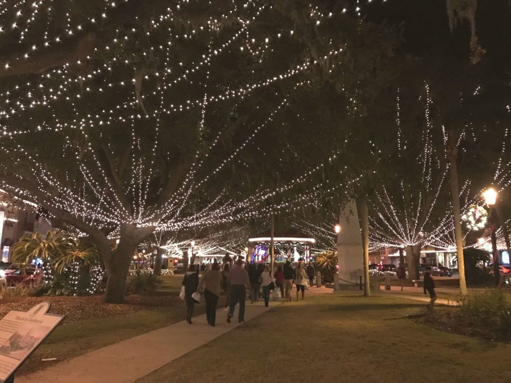 White christmas lights in trees and surrounding builds at St. Augustine Nights of Lights Plaza 