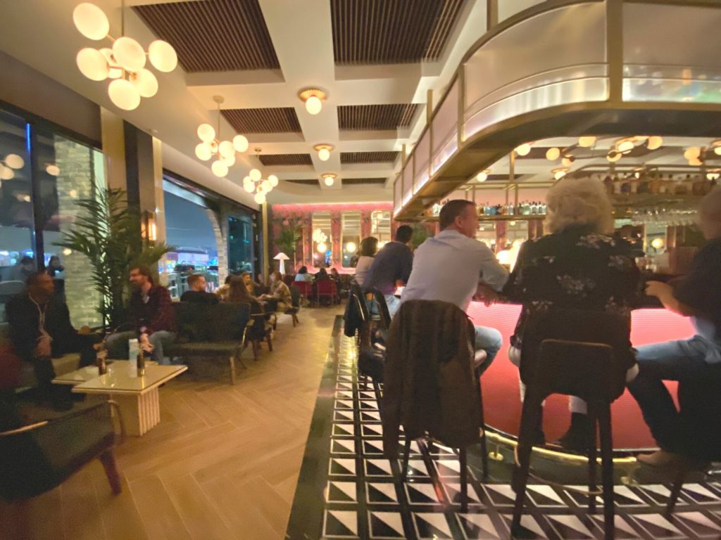 Inside The Moderne Bar and Grill with art deco style furnishings and decor