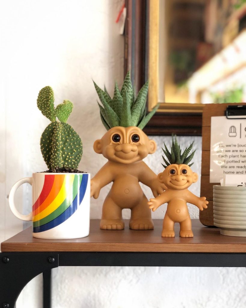 Cute Cactus and Succulent Plants  in mug planets and troll doll shaped planters from @ouch.plants