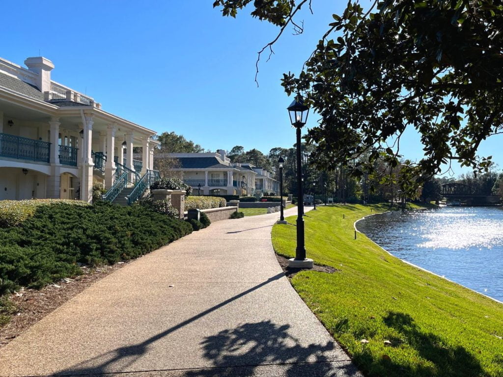 Disney's Port Orleans Riverside Magnolia Bend section with waterway alongside the walkway