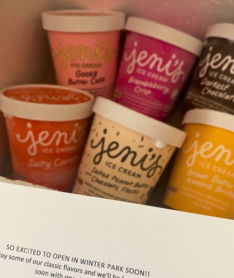a box of six ice cream pints from Jeni's Ice Cream with a card showing that Jeni's Ice Cream is coming to Winter Park florida soon