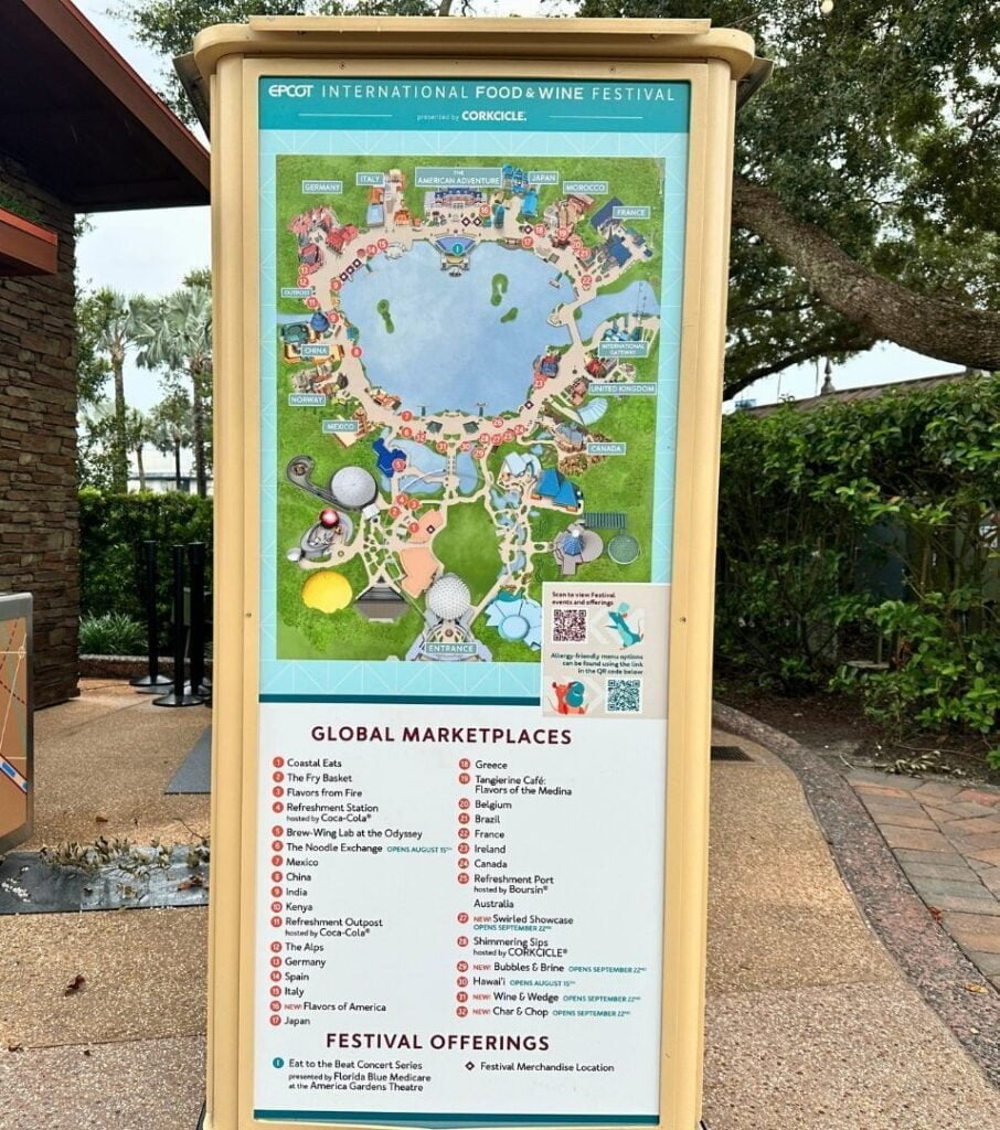 2023 EPCOT Food and Wine Festival Map on display in the park