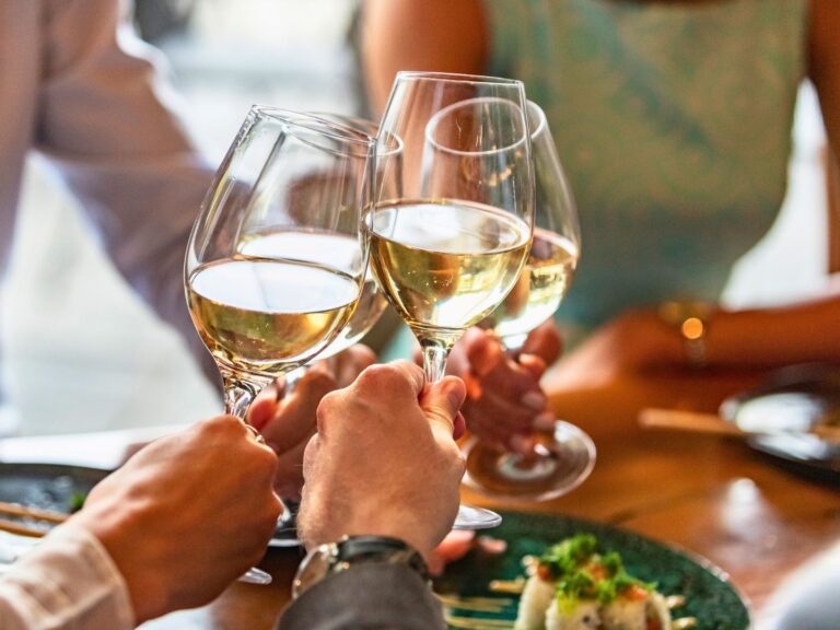 group of people cheers wine glasses